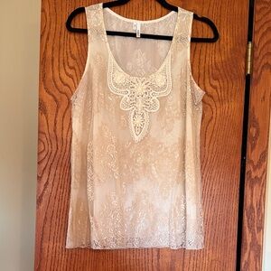 Studio Y Short Sleeve Top with La e Overlay and Beaded neckline. Size L